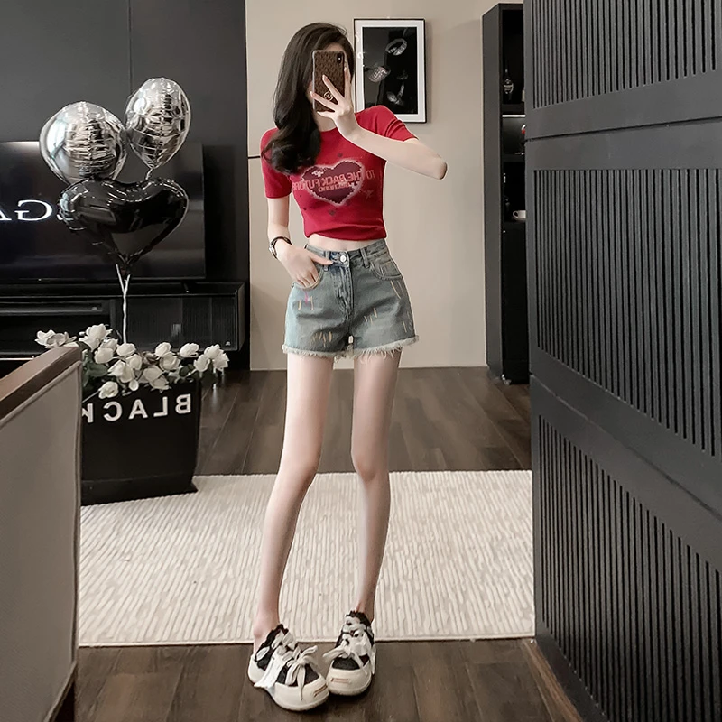 韩版炸街小个子穿搭一整套辣妹修身正肩小衫高腰超短牛仔裤两件套