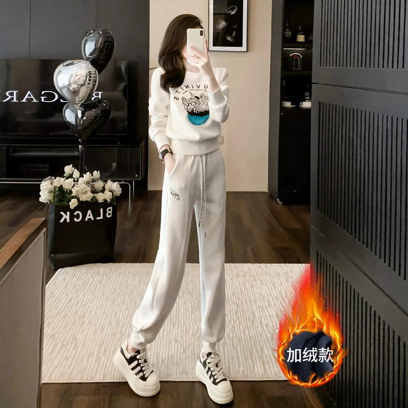 欧货炸街休闲运动套装秋季时髦洋气减龄圆领印花白色卫衣两件套潮