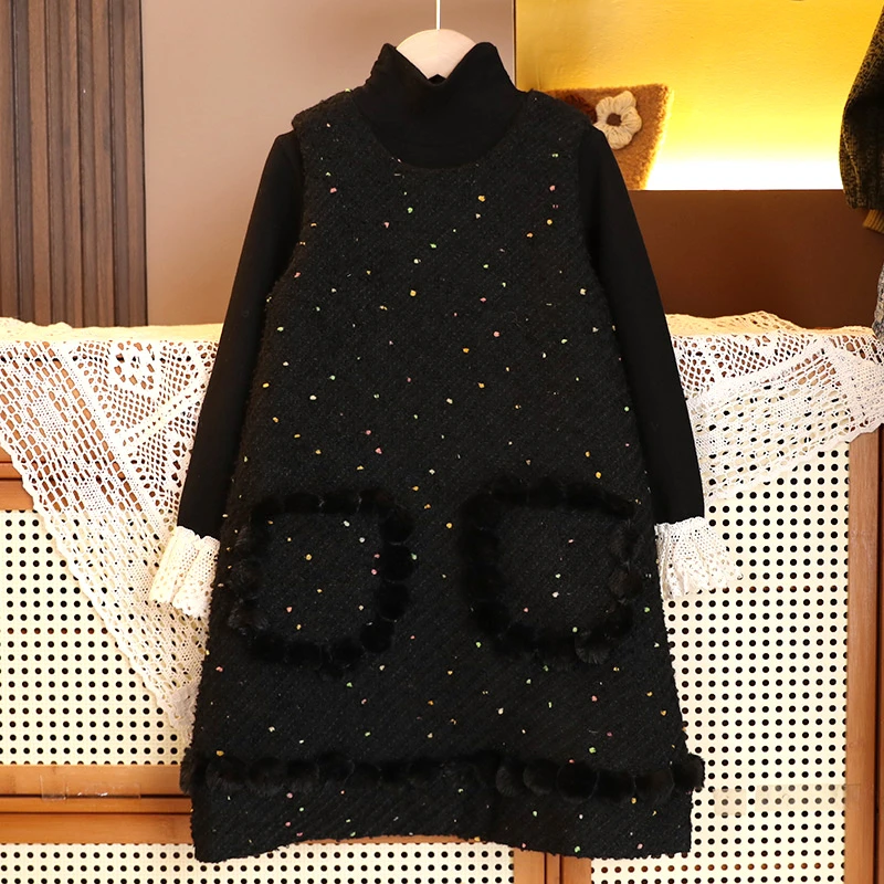 甜女童秋冬装连衣裙2024年新款儿童加绒背心裙+打底衫两件套