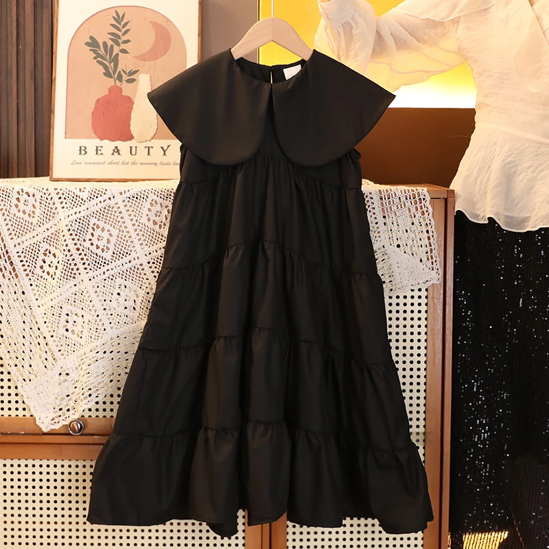 甜女童黑色连衣裙2024新款夏装儿童时尚洋气娃娃领蛋糕背心裙子