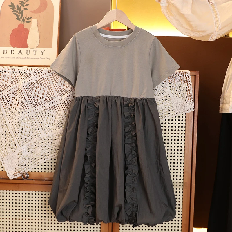 甜女童连衣裙2024年夏季新款儿童时尚灰色夏装女孩短袖棉布裙子