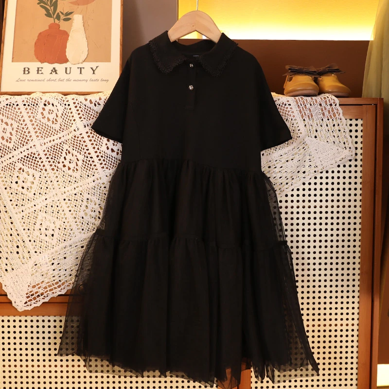甜女童连衣裙2025新款洋气女大童黑色POLO衫网纱学院风公主裙字