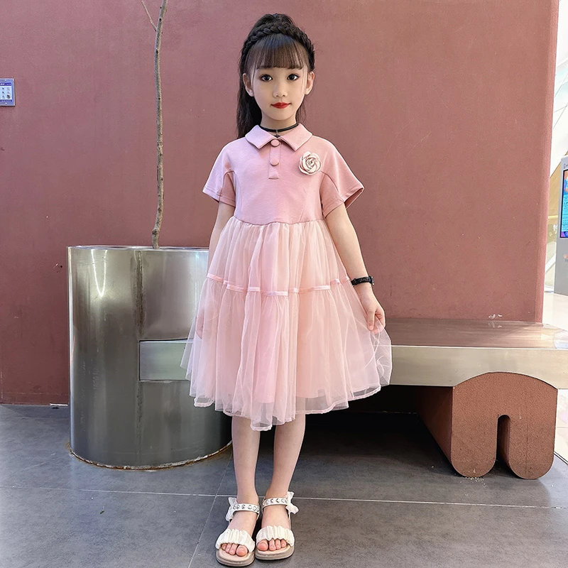 甜2025新款洋气女大童韩版POLO衫网纱公主连衣裙粉色