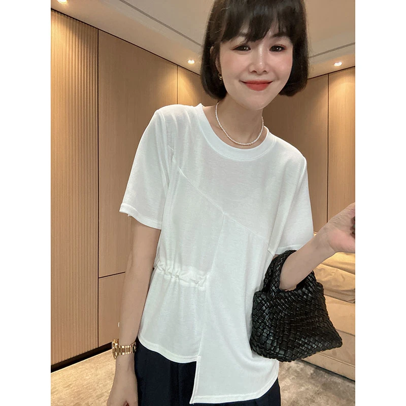 咔呐咪~设计感抽绳不规则宽松显瘦遮肉开叉小众短袖T恤