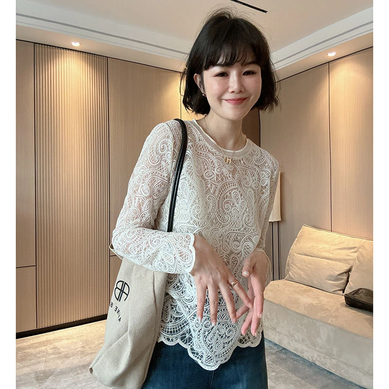 高级感法式轻奢镂空蕾丝设计感时尚百搭长袖内搭T恤打底衫