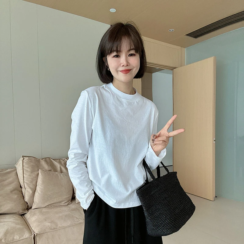 秋冬小半高领纯色白色长袖T恤简约内搭打底衫