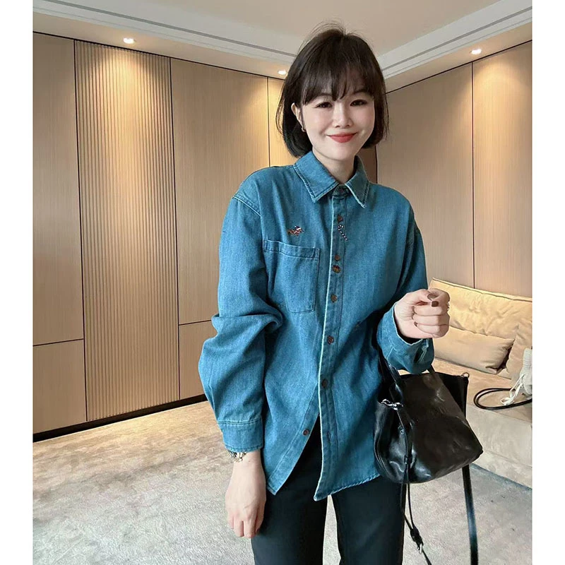 秋冬磨毛刺绣跨那是显瘦宽松百搭牛仔衬衫