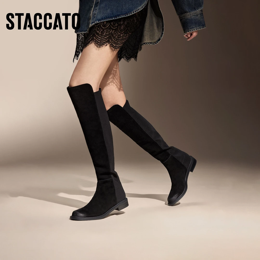 思加图过膝靴超长靴弹力靴粗跟女时装靴9Y609DC4