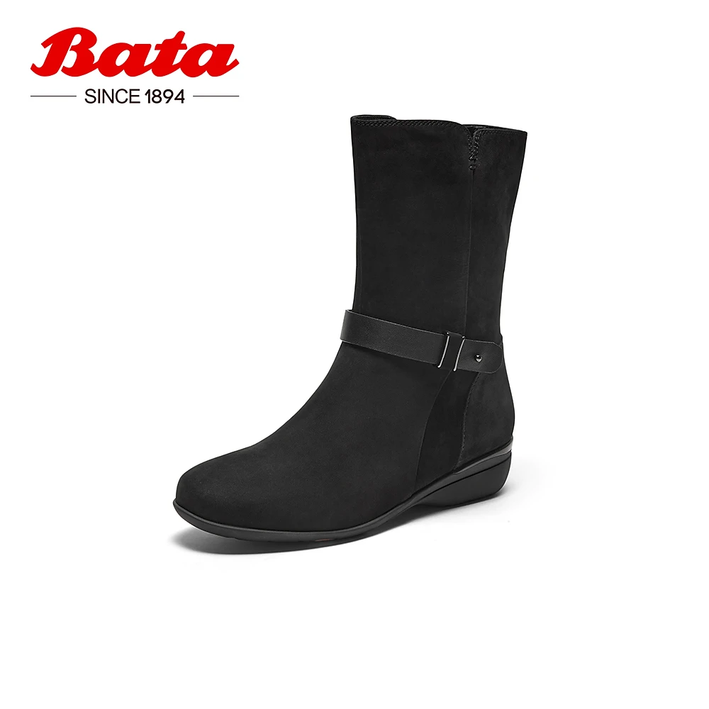 Bata时装靴女2023冬季商场新款百搭牛皮软底通勤中筒靴 ARW41DZ3