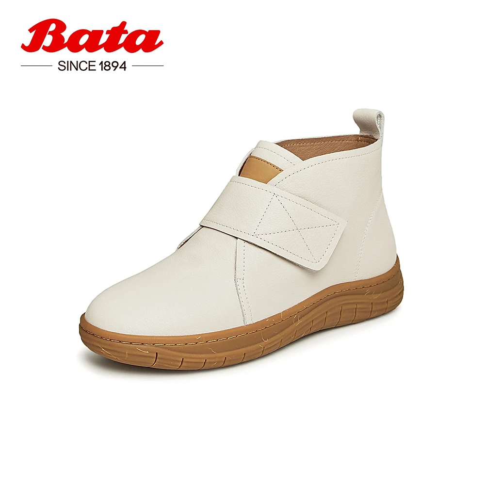 Bata时装靴女2023冬季新款牛皮休闲通勤轻便魔术贴短筒靴9852DDD3