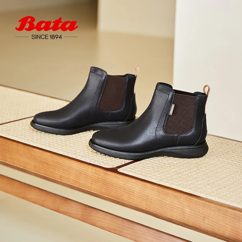 Bata切尔西靴女2023冬季新款牛皮英伦弹力百搭通勤短筒靴APK44DD3