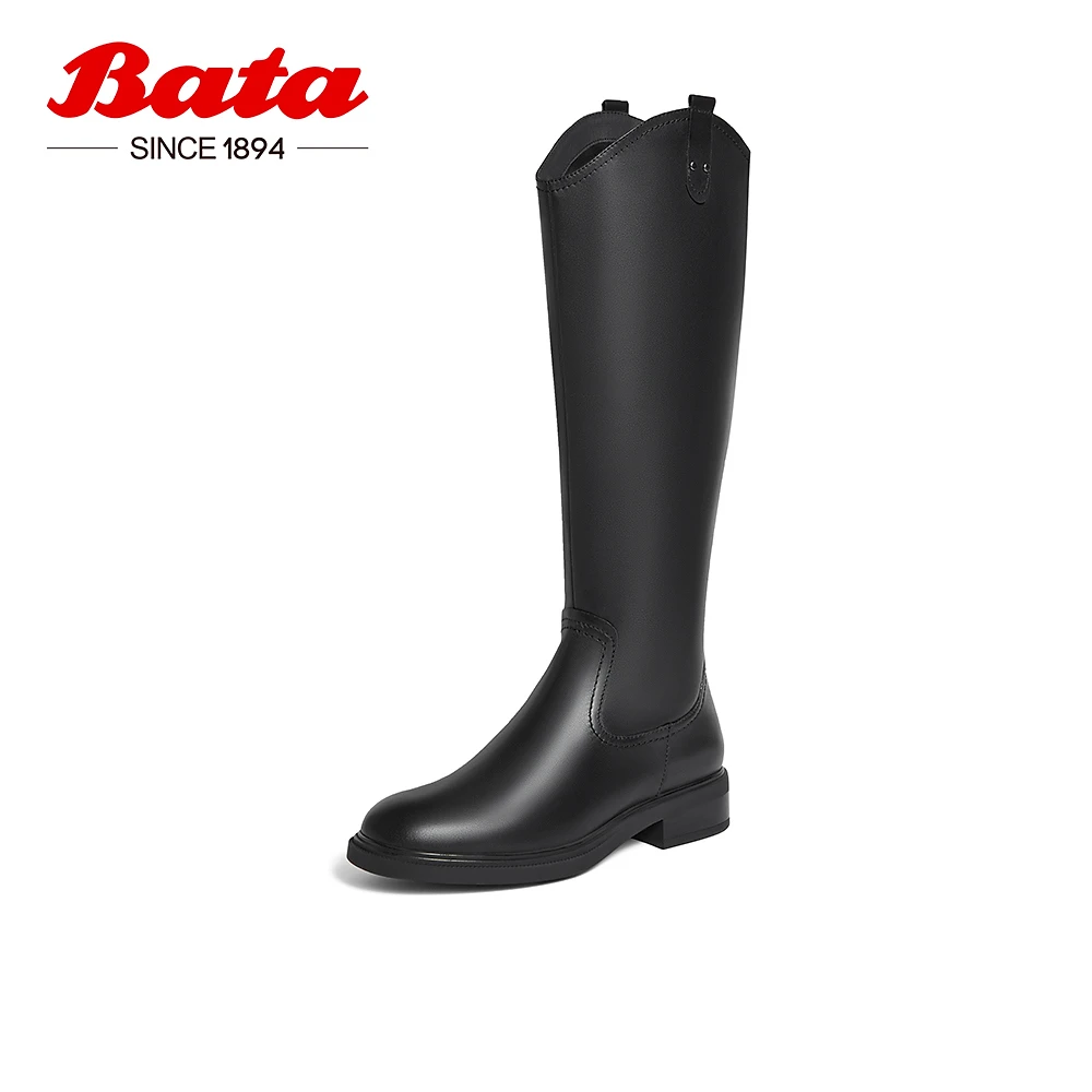 Bata骑士靴女2023冬季商场新款英伦风牛皮百搭长筒时装靴AKL82DG3