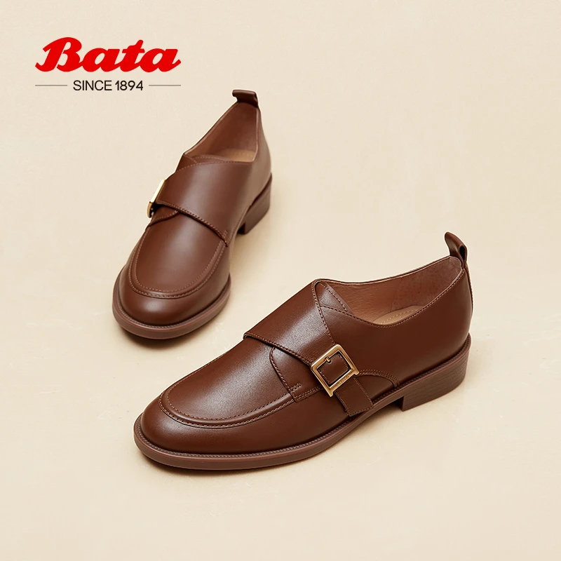 Bata乐福鞋女春秋季新款复古英伦风牛皮软底通勤一脚蹬ATA24CM3
