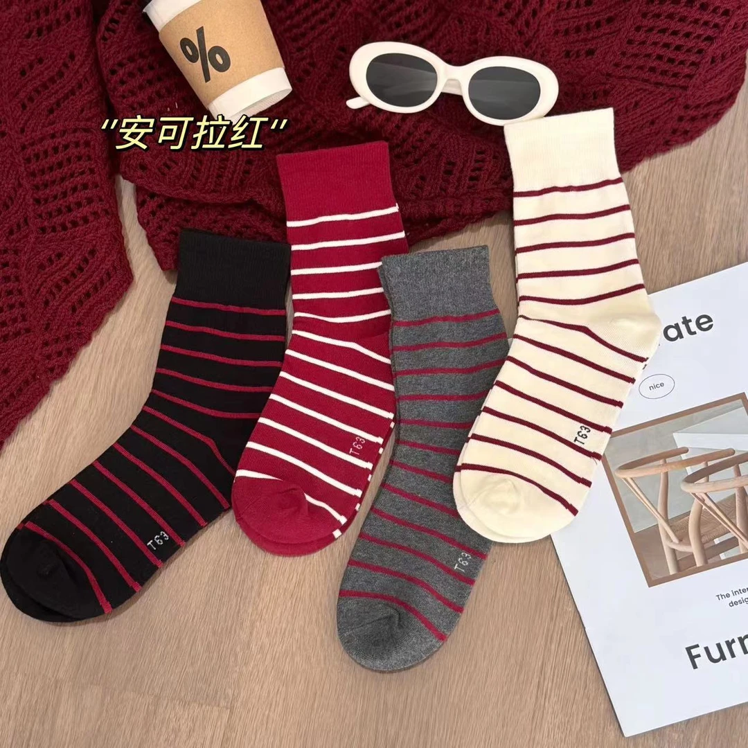 安哥拉红秋冬谬系条纹中高筒袜简约袜子女袜堆堆袜百搭时尚袜子