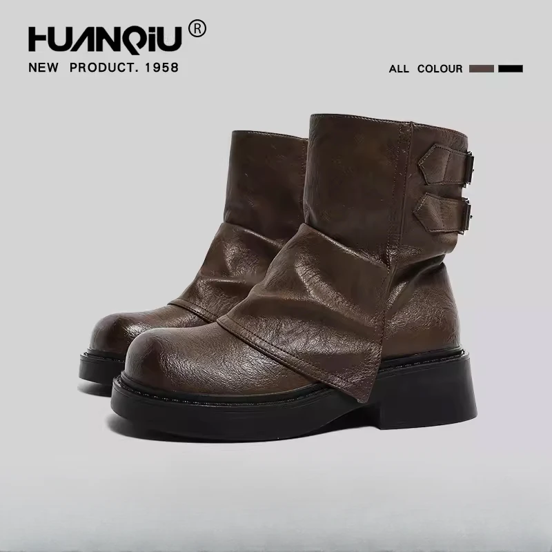 环球美拉德短靴女2025新款春秋厚底爆款棕色裤管靴骑士牛仔马丁靴