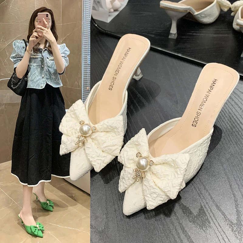 尖头高跟鞋蝴蝶结夏细跟包头半拖鞋珍珠法式拖鞋绿色配短裙派JK15