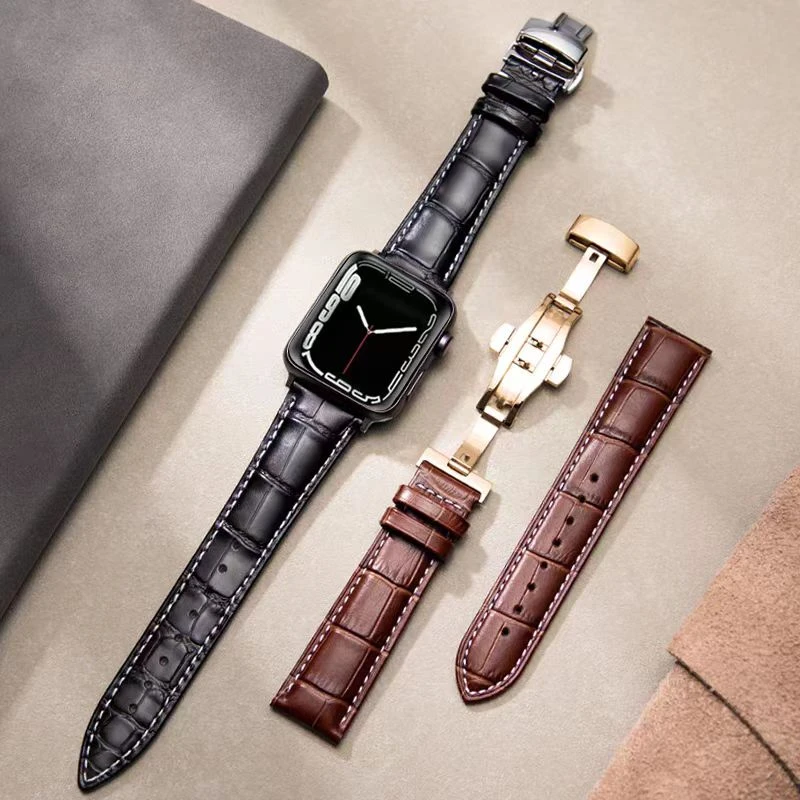 适用iwatch7苹果手表6SE真皮applewatch5/4/3代蝴蝶扣高档手表带
