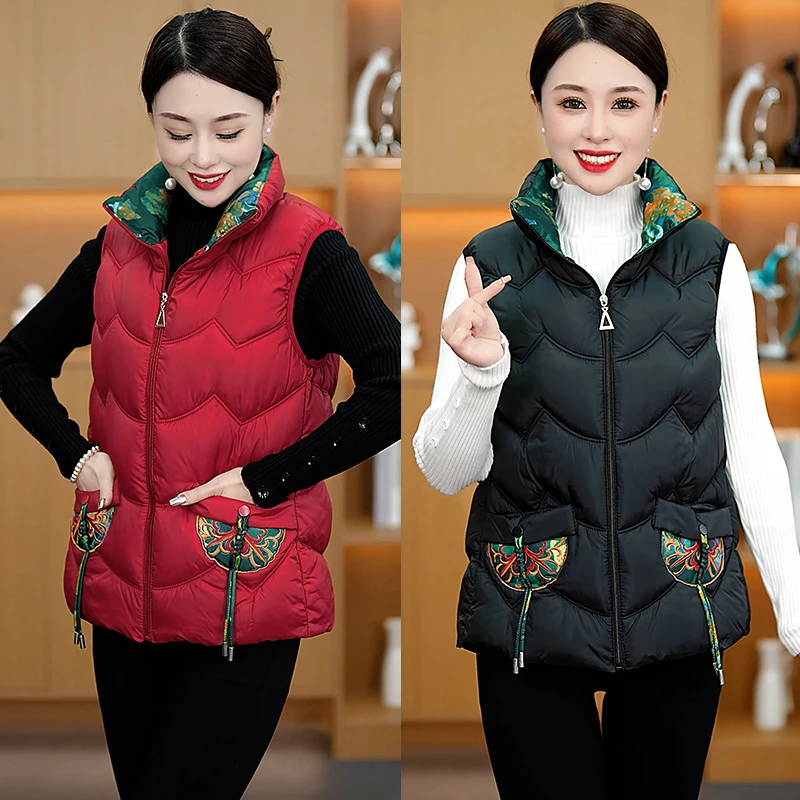 秋冬季保暖无袖棉服加厚马夹外套女中老年妈妈装洋气时尚国风马甲