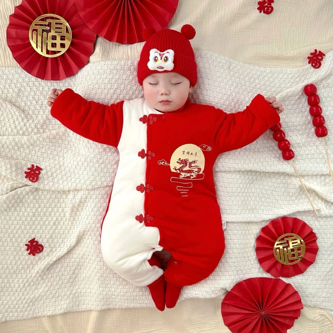 婴儿衣服拜年服新生儿满月连体衣百天男女宝宝红色过年新年中厚