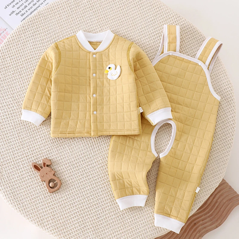 婴儿保暖背带裤套装宝宝开档裤子夹棉空气棉婴幼儿秋衣秋裤外套