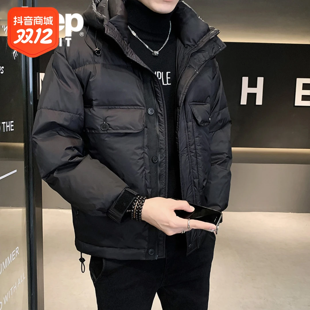 Jeep吉普黑色羽绒服男冬季连帽痞帅潮牌工装外套休闲保暖羽绒衣服