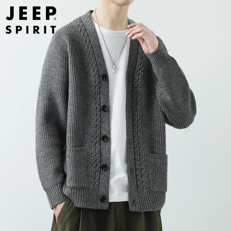 Jeep吉普开衫毛衣男士秋冬新款帅气百搭V领上衣宽松休闲针织外套