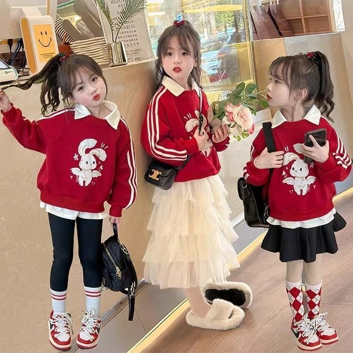 女童卫衣新款儿童衬衫领红色兔子上衣新款学生洋气秋冬款衣服休闲