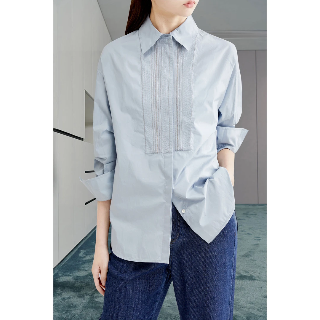 BC链条衬衣翻领胸前褶皱长袖衬衫弧形下摆闪亮亮丝装饰上衣宽松