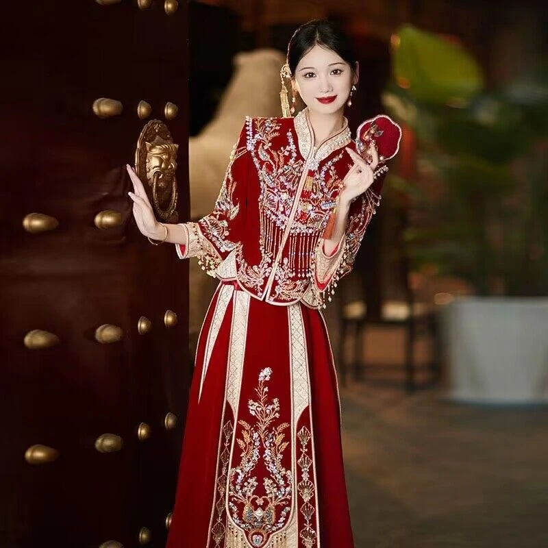 丝绒秀禾服新娘结婚嫁衣刺绣小个子婚服新中式出嫁2025秀禾服