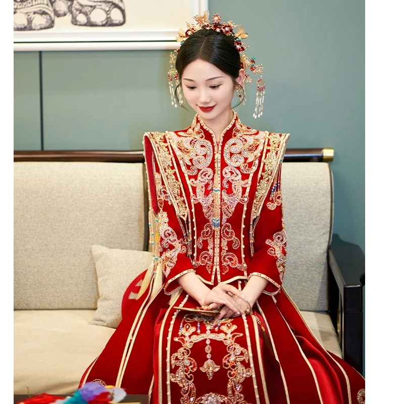丝绒 秀禾服重工2023新款秋冬结婚敬酒服新娘出门服中式婚纱礼服