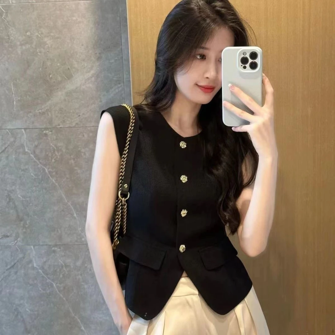 小香风马甲上衣女2025春秋时尚外穿小个子修身显瘦高档感黑色马夹