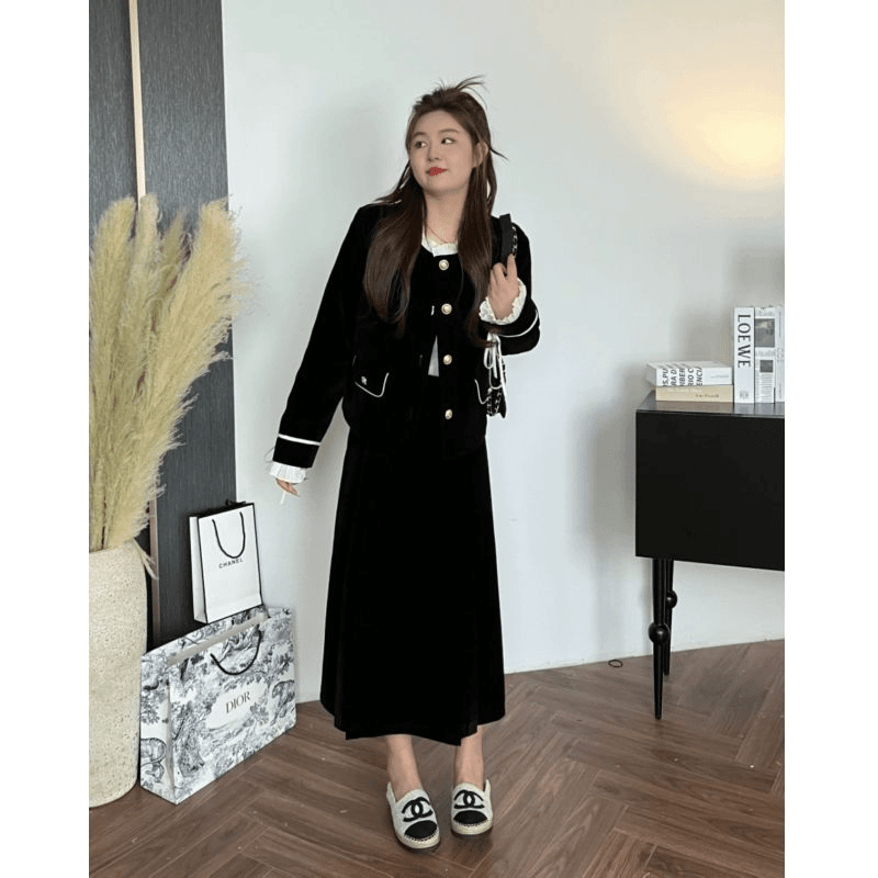 大码胖mm丝绒小香风套装高档秋冬新款高级感外套半身裙两件套女