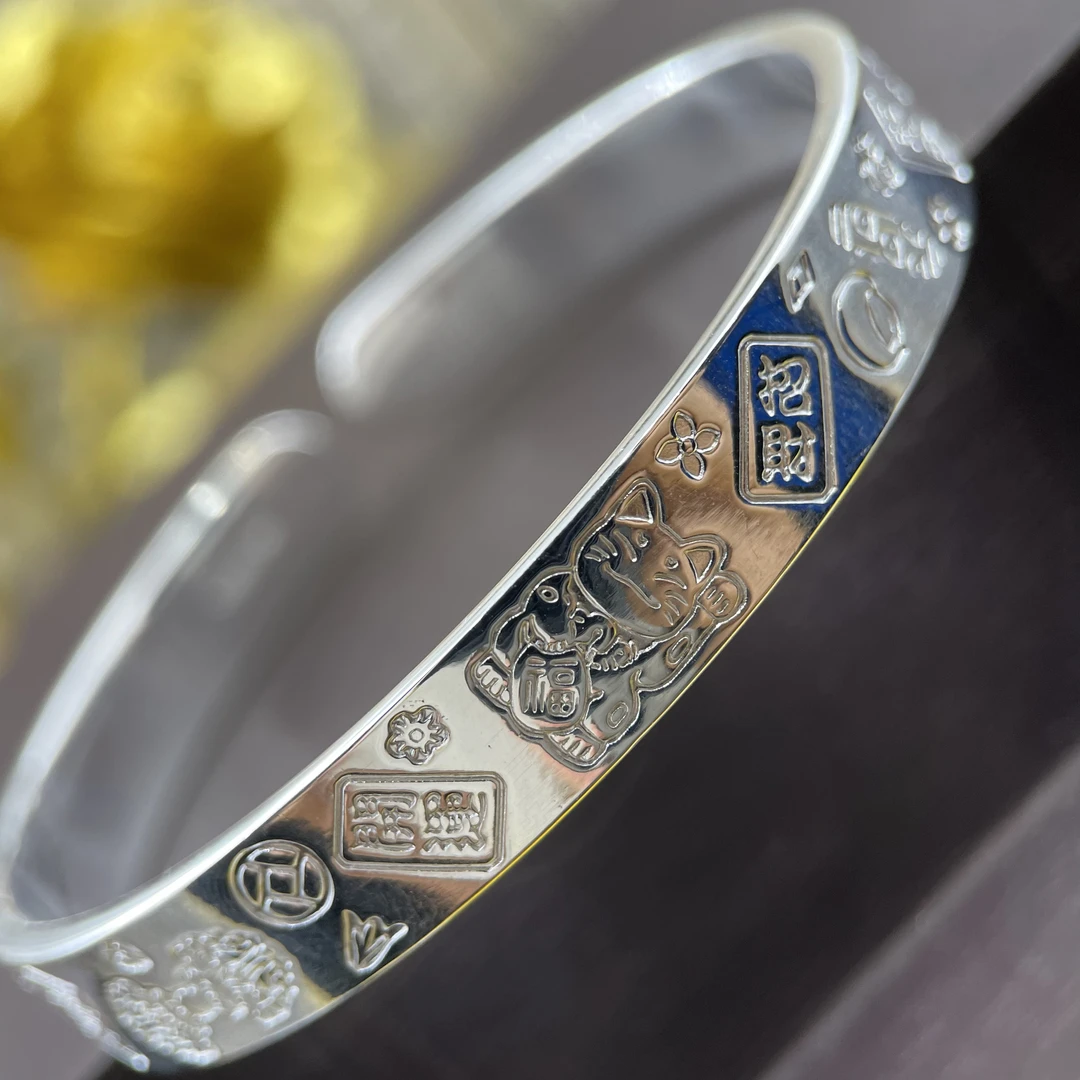 足银手镯 20号足银999.9亮面吉言纯银手镯实心可调节送礼物约39克