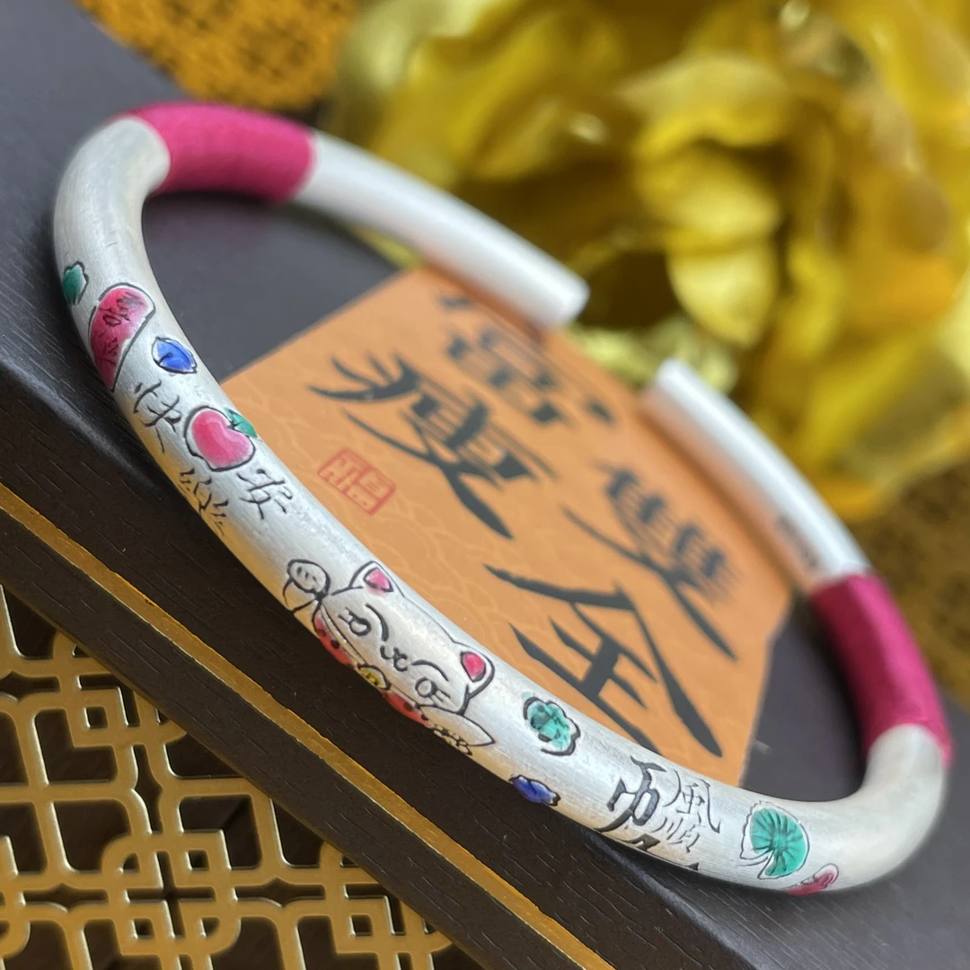 足银手镯 174号足银999.9时尚个性一帆风顺招财猫复古吉言开口