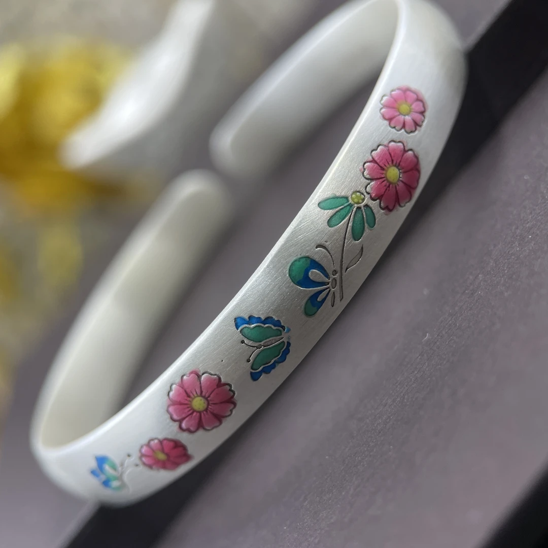 足银手镯 169号足银999.9复古珐琅彩泥鳅背纯银手镯送礼物约29克