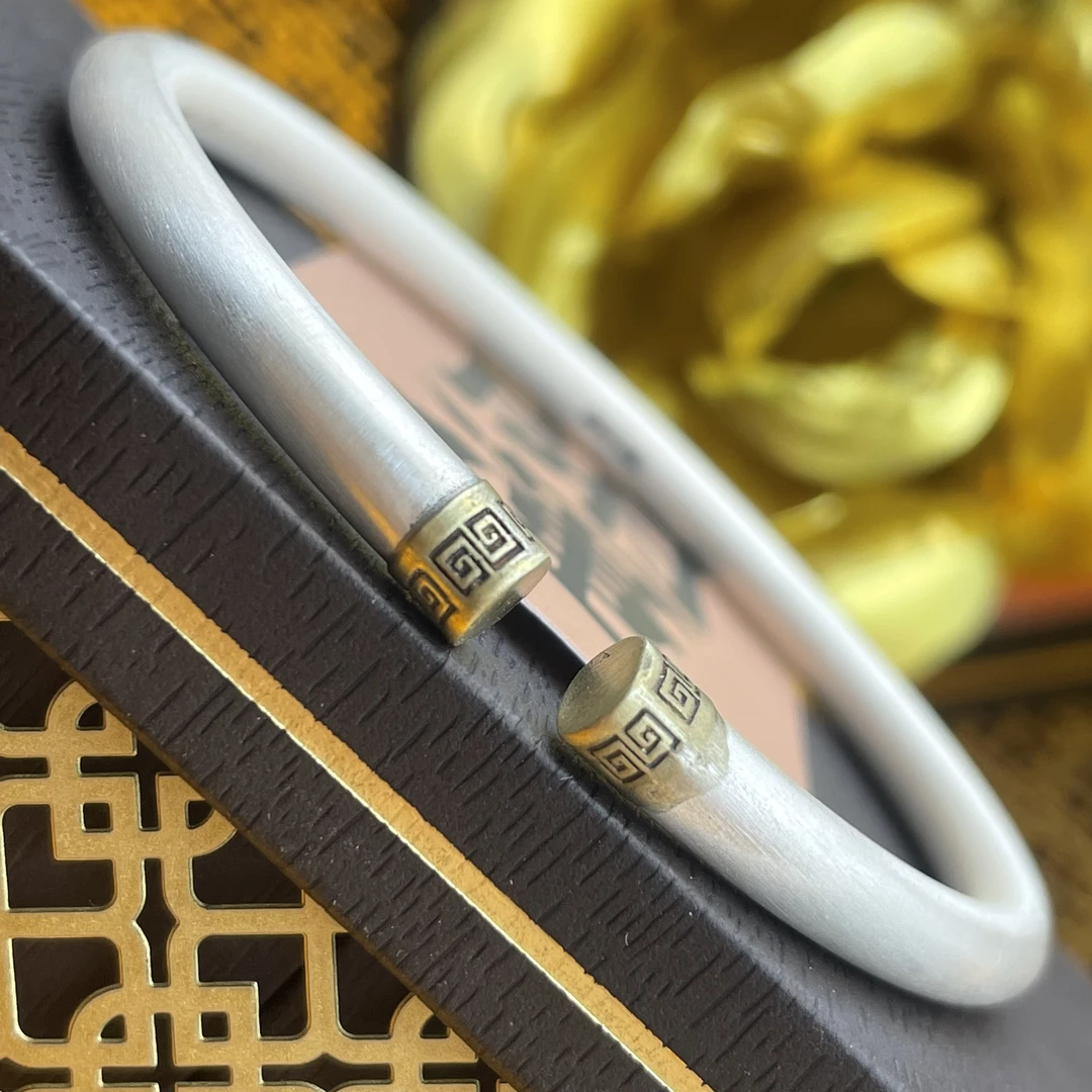 足银手镯 156号足银999.9复古个性时尚简约圆条实心开口纯银手镯