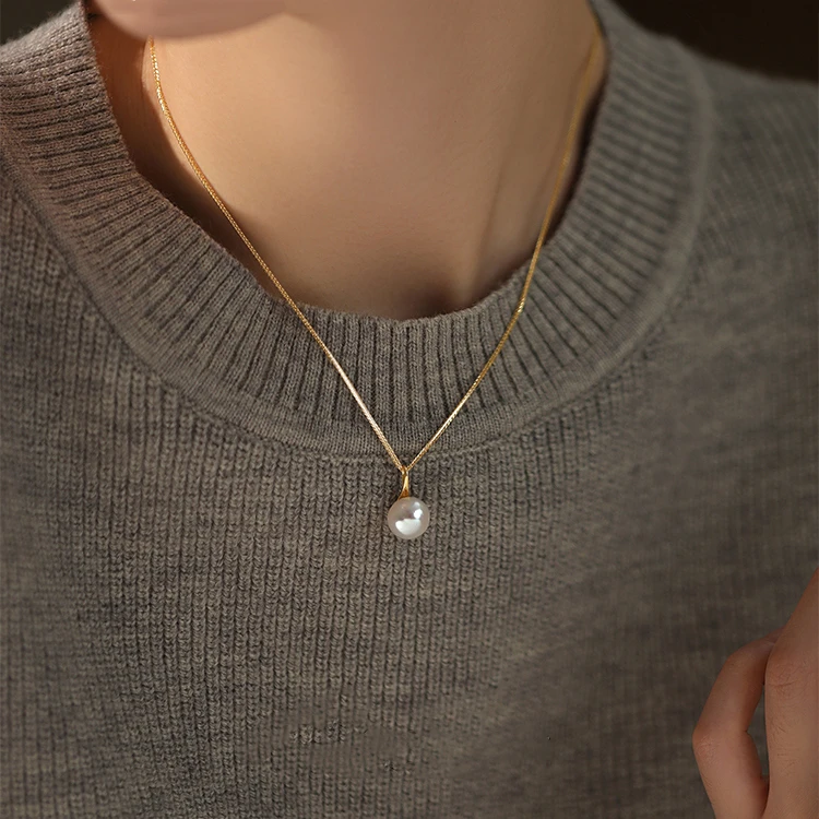 天然淡水珍珠吊坠项链女925银小众时尚简约法式百搭锁骨链毛衣链