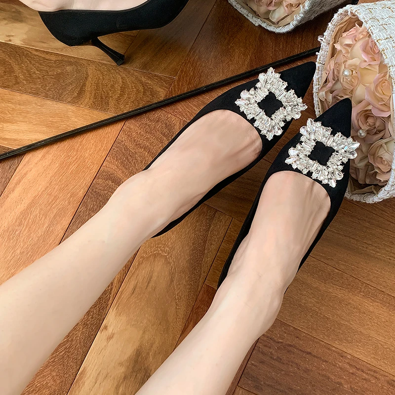 透气浅口高跟鞋女大码绒面职业工作鞋吸汗不累脚黑色水钻细跟单鞋