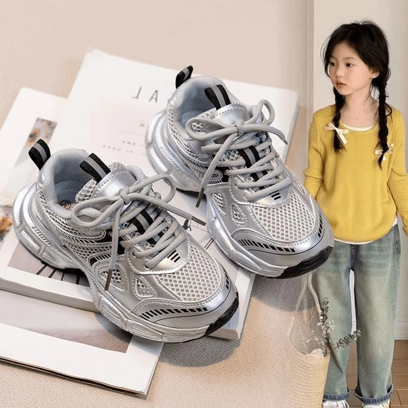 ABC儿童老爹鞋2024秋季新款女童银色百搭运动鞋6岁女童加绒老爹
