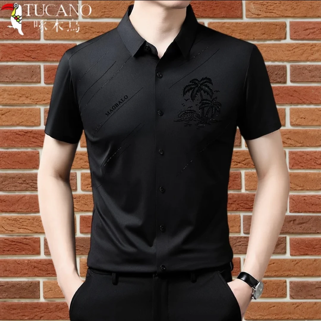 啄木鸟短袖衬衫男士夏季新款中年商务休闲无痕免烫抗皱弹力衬衣男