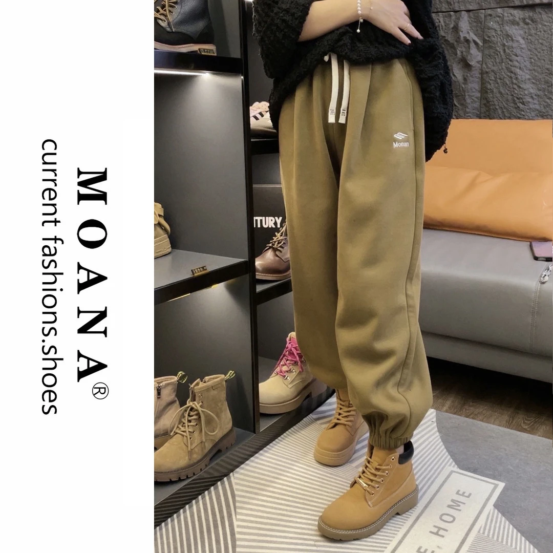 MOANA冬季新款卫裤运动时尚慵懒抽绳束脚裤潮搭女裤加绒宽松裤