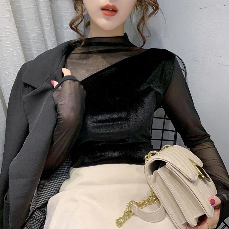 长袖上衣女薄款秋冬季丝绒拼接修身百搭上衣半高领打底衫