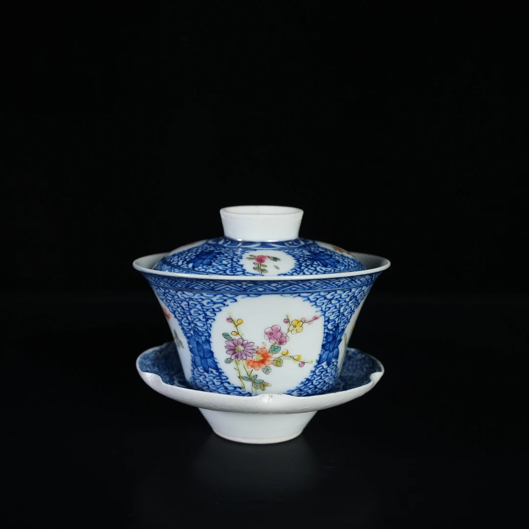 LLZA241115001【十竹斋】民国青花粉彩花卉三彩盖碗（先施公司）