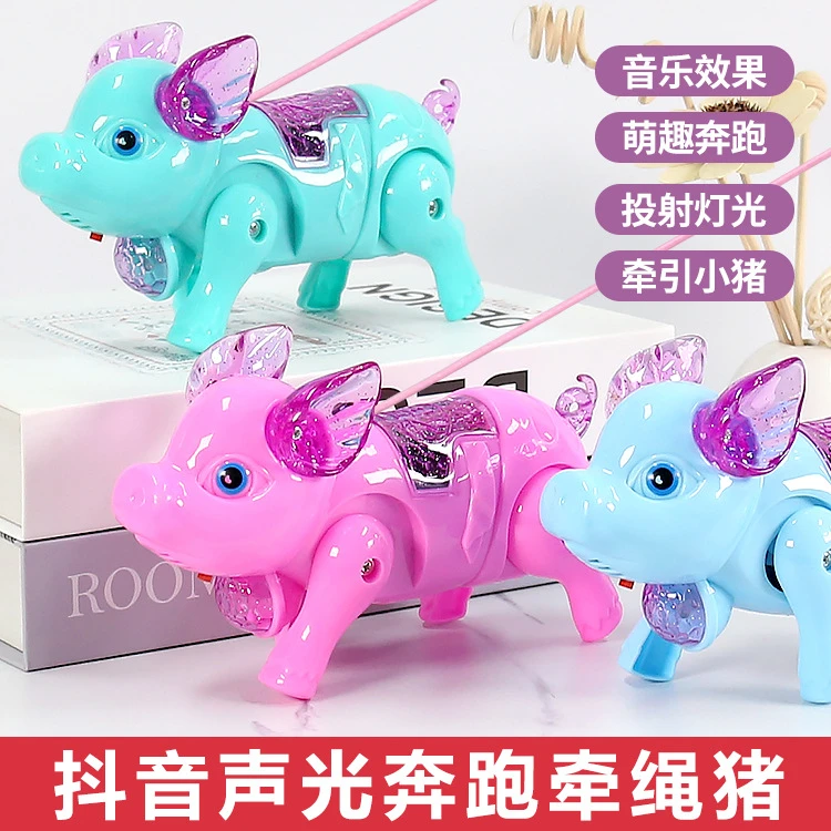 儿童炫酷玩具猪会走路音乐小猪发光玩具电动充电玩具牵绳小猪玩具