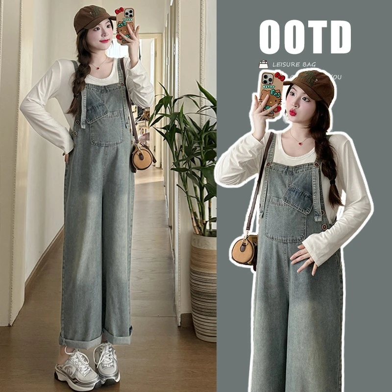 秋季新款孕妇装韩版休闲牛仔背带裤+套装636110