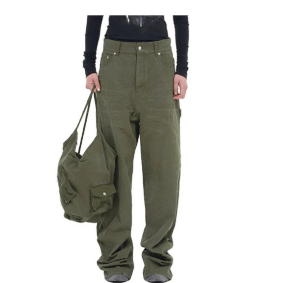 WE11DONE男宽松弹力做旧水洗直筒牛仔长裤23-416