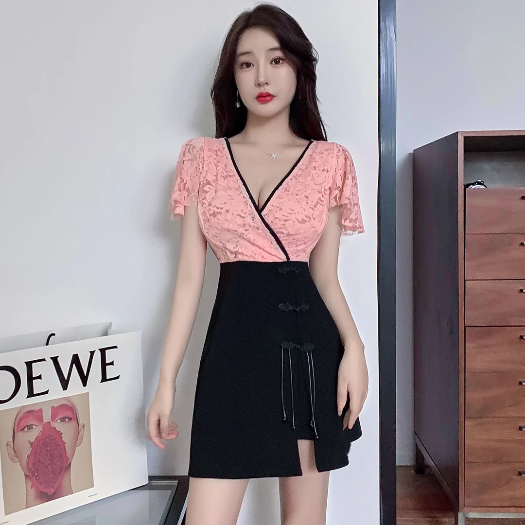 新款减龄足疗店女技师工作服时尚蕾丝连衣裙显瘦气质辣妹A字裙潮