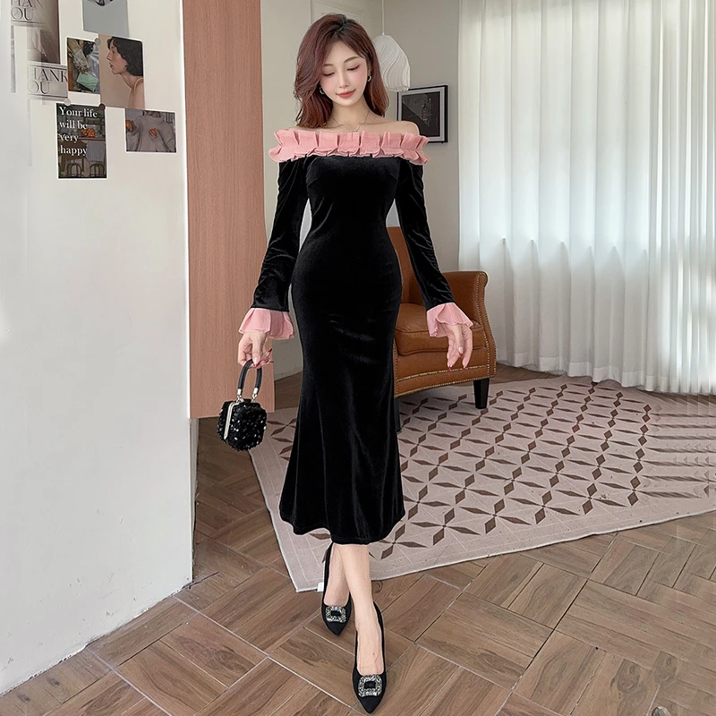 2024春秋新款女装名媛纯欲性感喇叭袖一字领中长款丝绒打底连衣裙