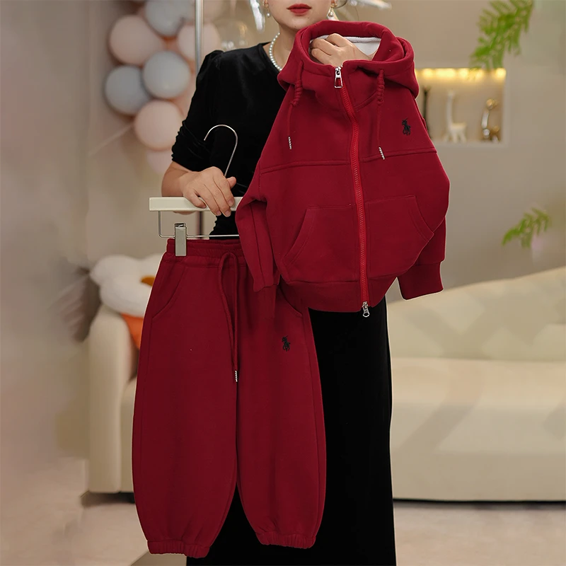 女童春秋套装2025新款中大童韩版洋气休闲卫衣加绒加厚一体绒套装