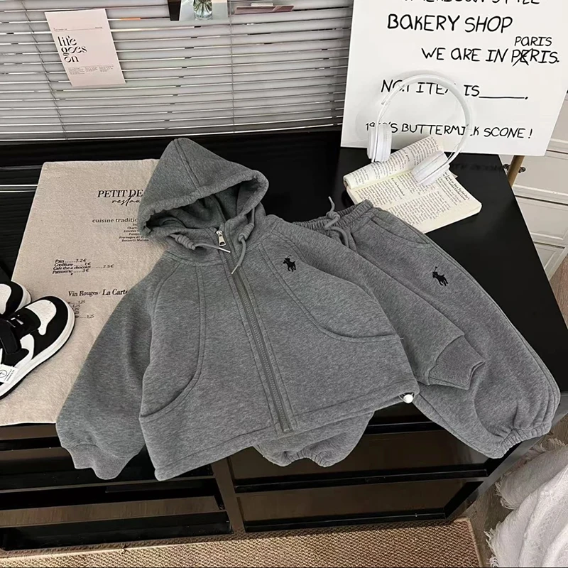 女童春秋套装2025新款中大童韩版洋气休闲加绒加厚卫衣一体绒套装